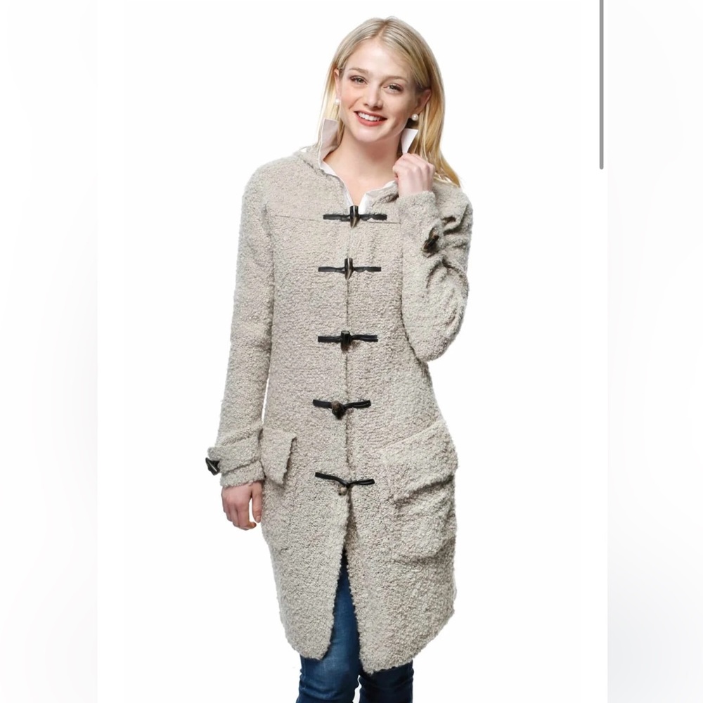 Gretchen Scott boucle stadium woman’s, beige coat pockets hood toggle buttonsXS